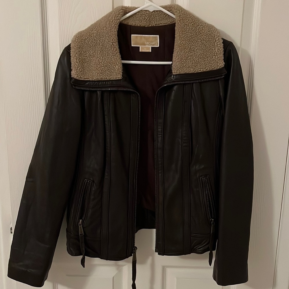 Michael Kors Brown Leather Bomber Jacket